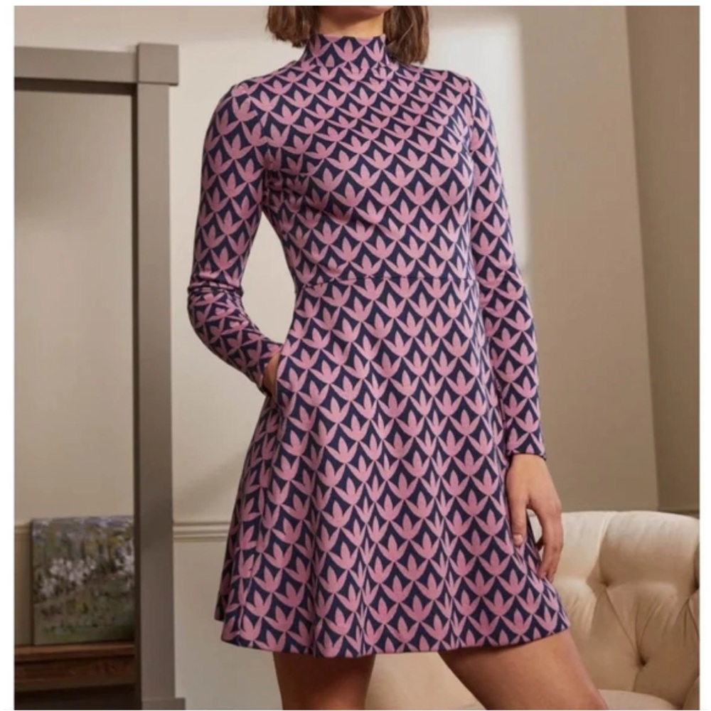 Boden Mock Neck Jacquard Dress Dust Cloud Pink, Petal Geo